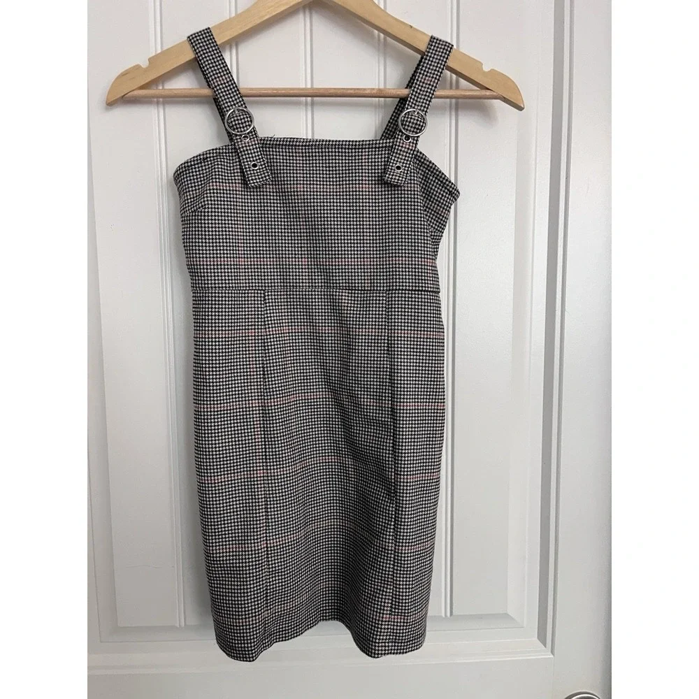 Forever 21 Girls 9/10 Cream Black Houndstooth Jumper Overall Dress School 431